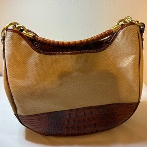 Brahmin Cream Canvas and Brown Croc-Embossed Shoulder Bag